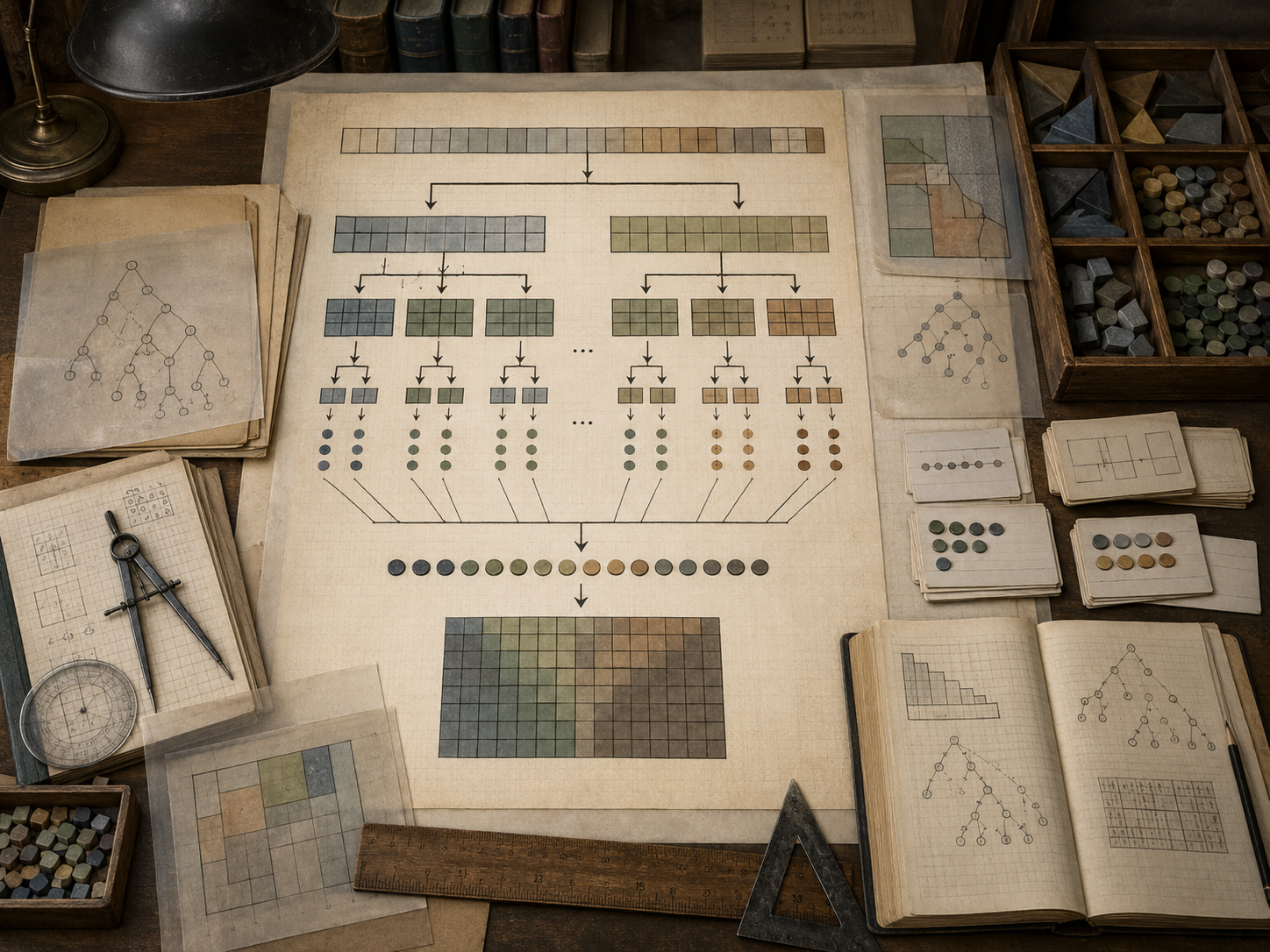 A restrained scholarly illustration of a vintage mathematician’s desk with a large central diagram showing a problem divided into smaller subproblems, solved in branches, and recombined into a final structure.