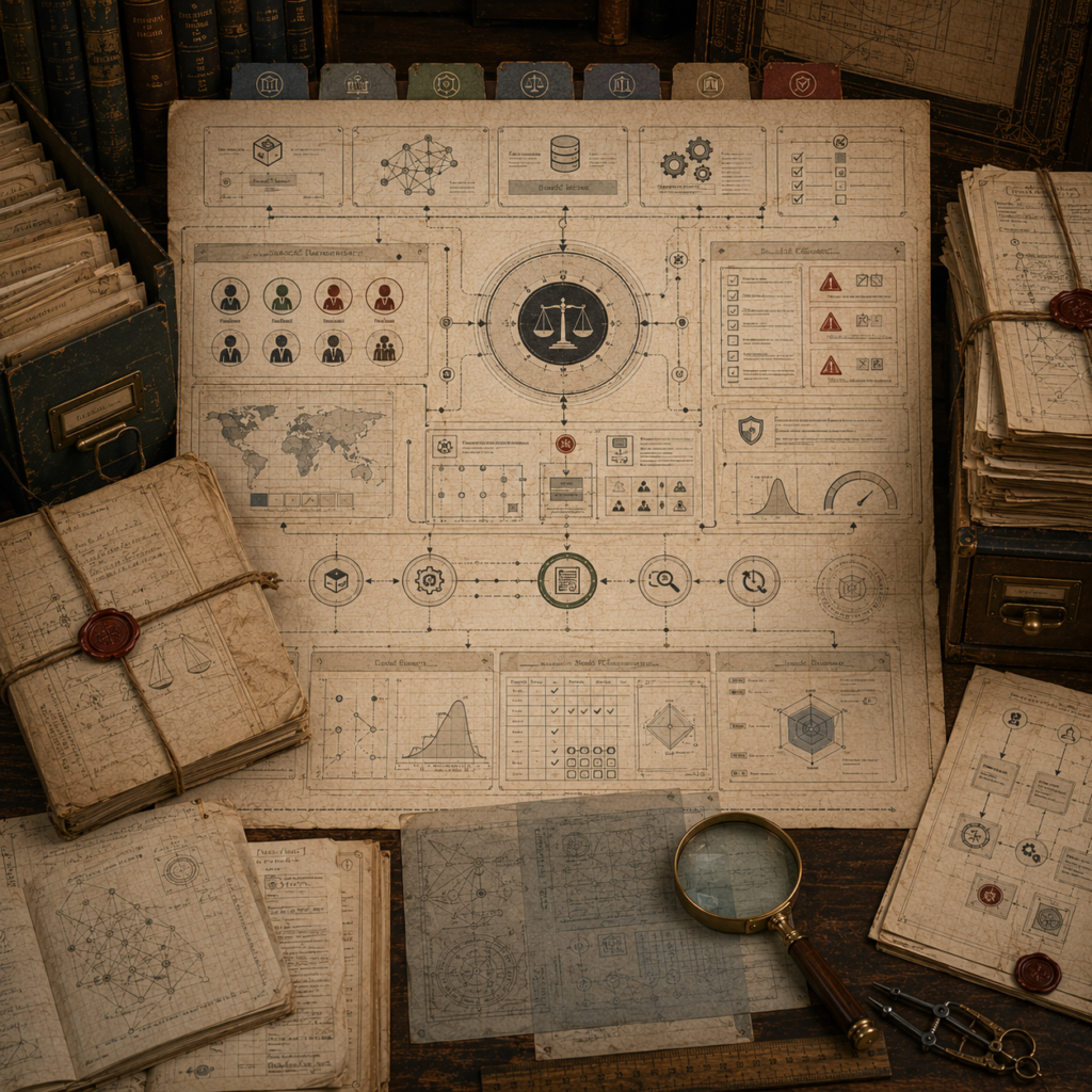 A restrained scholarly illustration of a vintage governance desk with documentation panels, model-card records, datasheet-like files, audit pathways, warning markers, notebooks, archival folders, magnifying glass, and symbolic tools representing algorithm documentation.