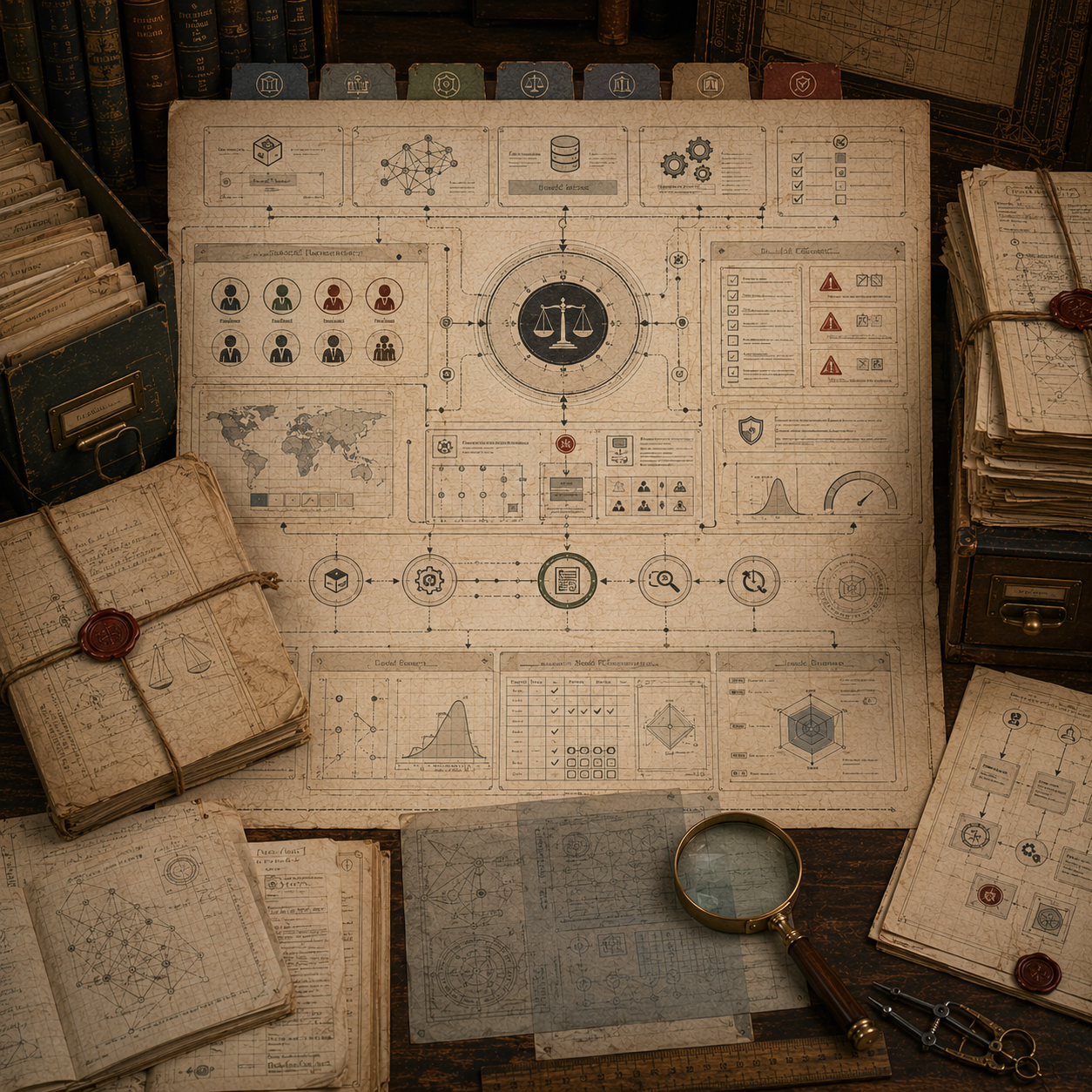 A restrained scholarly illustration of a vintage governance desk with documentation panels, model-card records, datasheet-like files, audit pathways, warning markers, notebooks, archival folders, magnifying glass, and symbolic tools representing algorithm documentation.