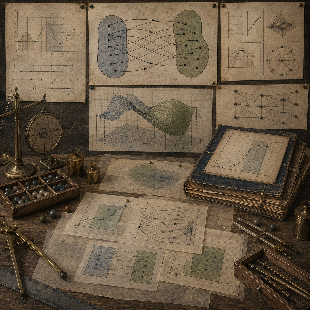 Archival-style mathematical study with mapping diagrams, plotted curves, surface graphs, network structures, and drafting tools arranged across a scholarly worktable to represent domains, ranges, and functional relationships.
