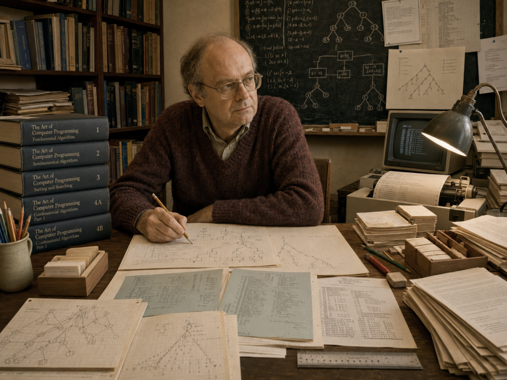 A restrained scholarly illustration of Donald Knuth in an academic computing office with algorithm diagrams, books from The Art of Computer Programming, sorting trees, graph structures, code-like notes, papers, and early computing equipment.