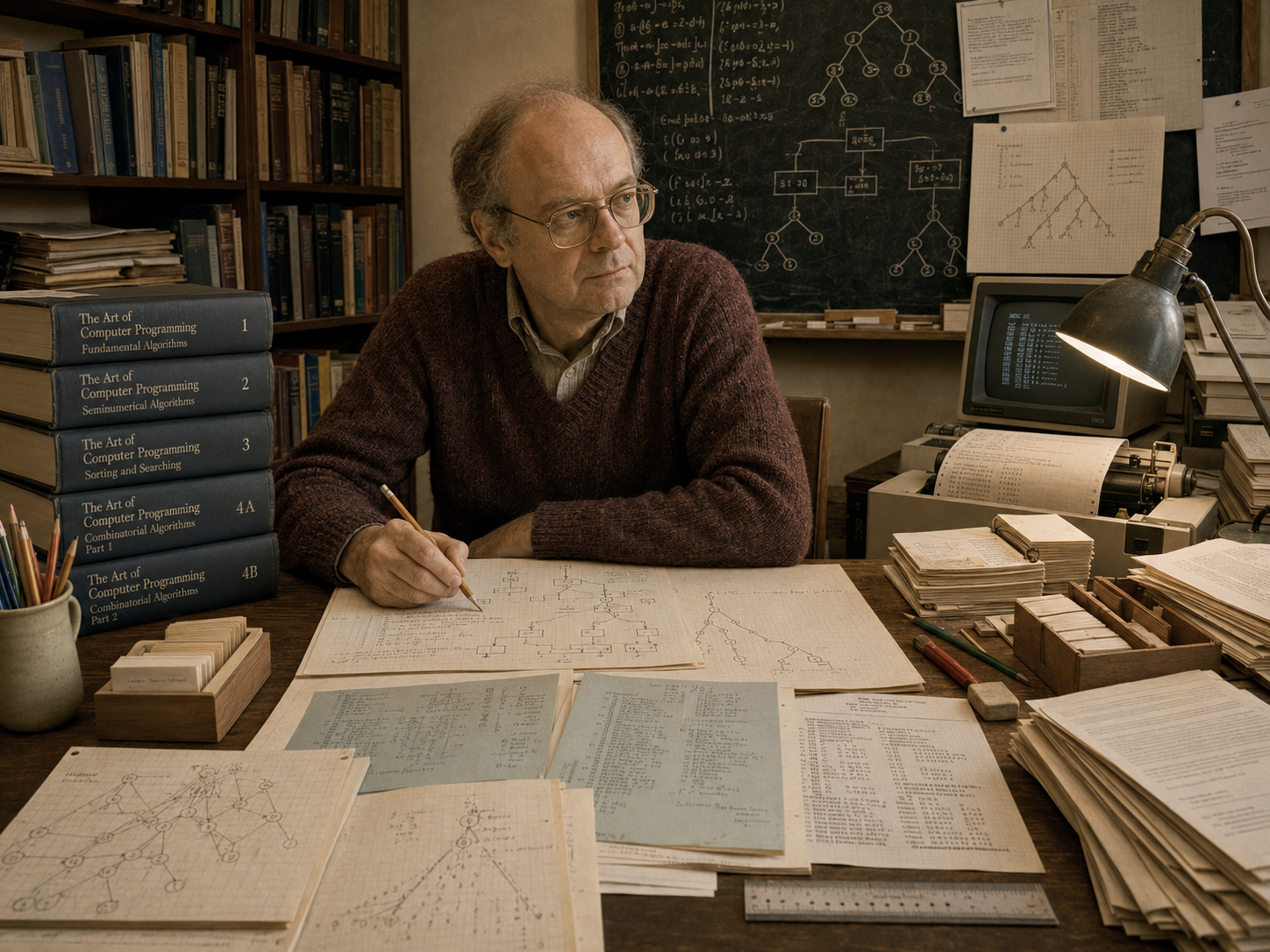 A restrained scholarly illustration of Donald Knuth in an academic computing office with algorithm diagrams, books from The Art of Computer Programming, sorting trees, graph structures, code-like notes, papers, and early computing equipment.