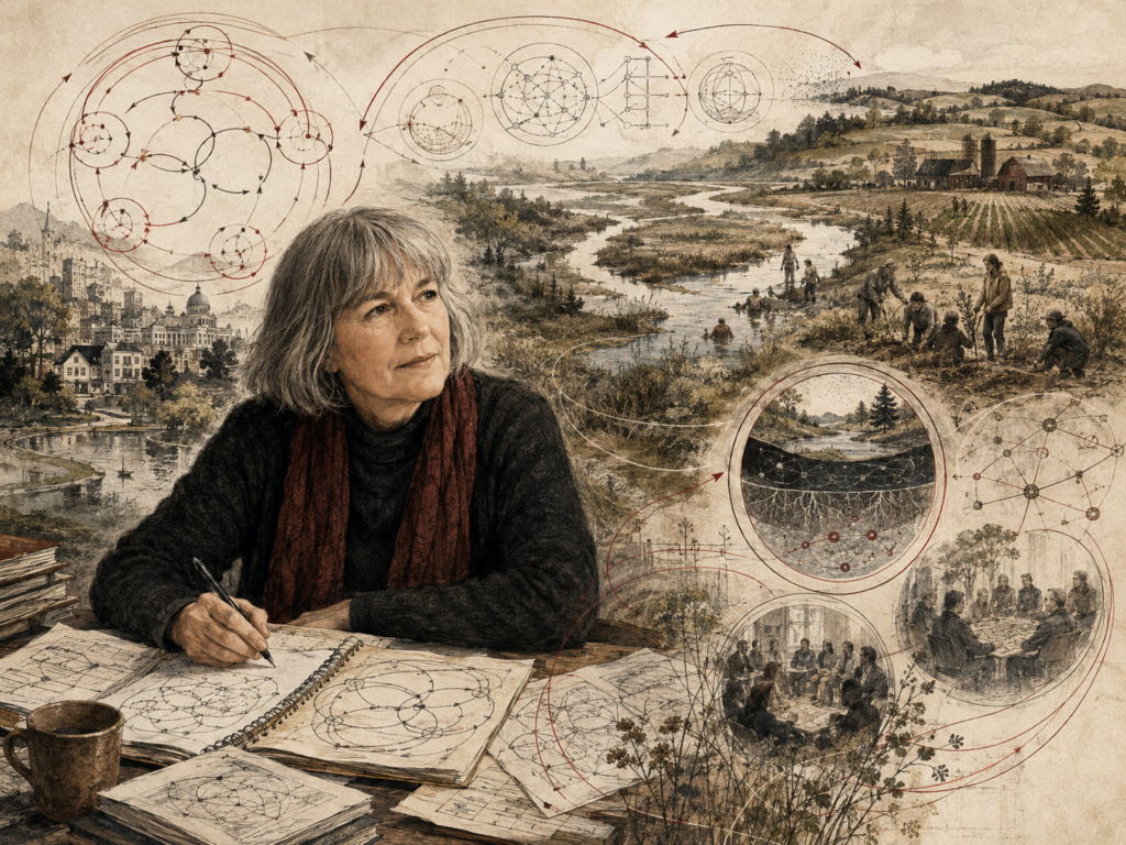 Scholarly editorial illustration of Donella Meadows with systems diagrams, ecological landscapes, community planning scenes, farms, wetlands, feedback loops, and structural network patterns.