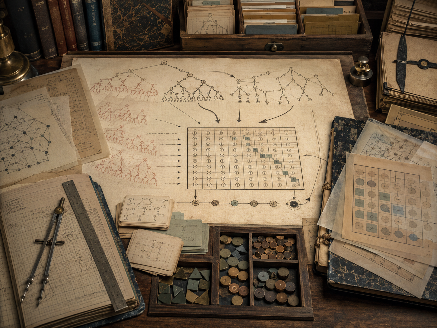 A restrained scholarly illustration of a vintage research desk with recursive trees, memoization grids, cached subproblem tables, arrows, tokens, notebooks, and archival papers representing dynamic programming and memory in computation.