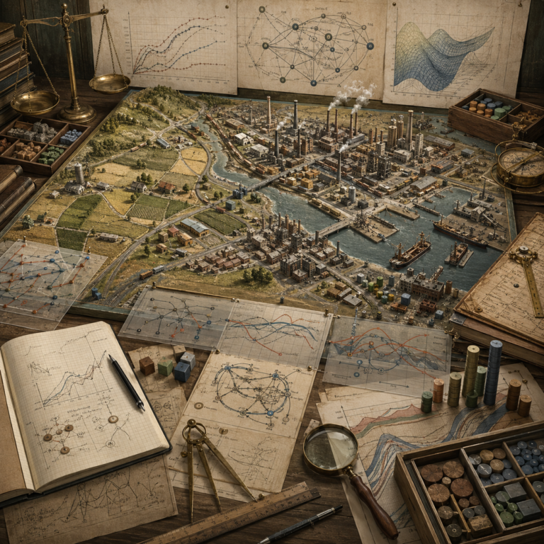 Archival economic modeling workspace with a detailed industrial city model, farms, ports, factories, transport routes, network diagrams, growth curves, stacked indicators, notebooks, balances, and drafting tools.