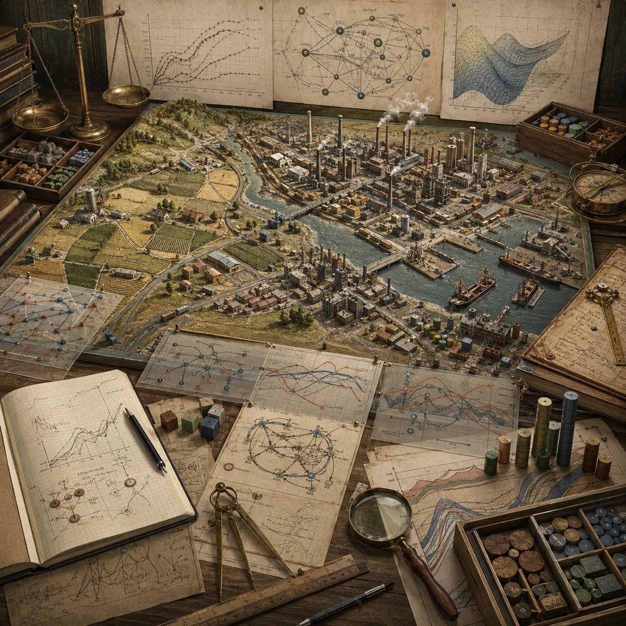 Archival economic modeling workspace with a detailed industrial city model, farms, ports, factories, transport routes, network diagrams, growth curves, stacked indicators, notebooks, balances, and drafting tools.