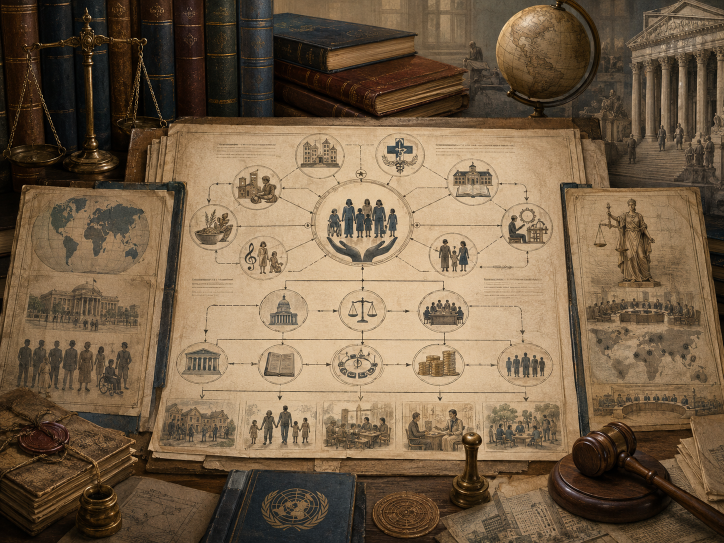 Scholarly illustration of an economic, social, and cultural rights legal dossier with housing, health, education, labor, food, culture, equality, legal institutions, treaty files, maps, scales, and archival materials.