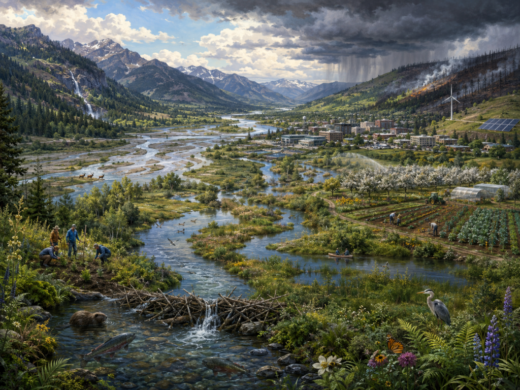 Panoramic editorial illustration of a resilient watershed providing ecosystem services through forests, wetlands, clean water, farmland, wildlife, pollinators, and community stewardship.