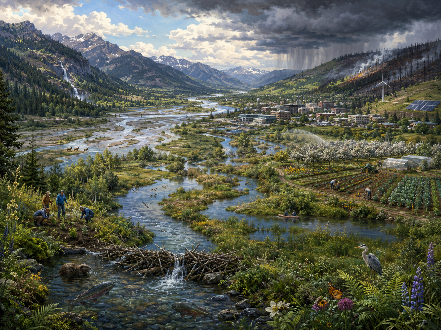 Panoramic editorial illustration of a resilient watershed providing ecosystem services through forests, wetlands, clean water, farmland, wildlife, pollinators, and community stewardship.