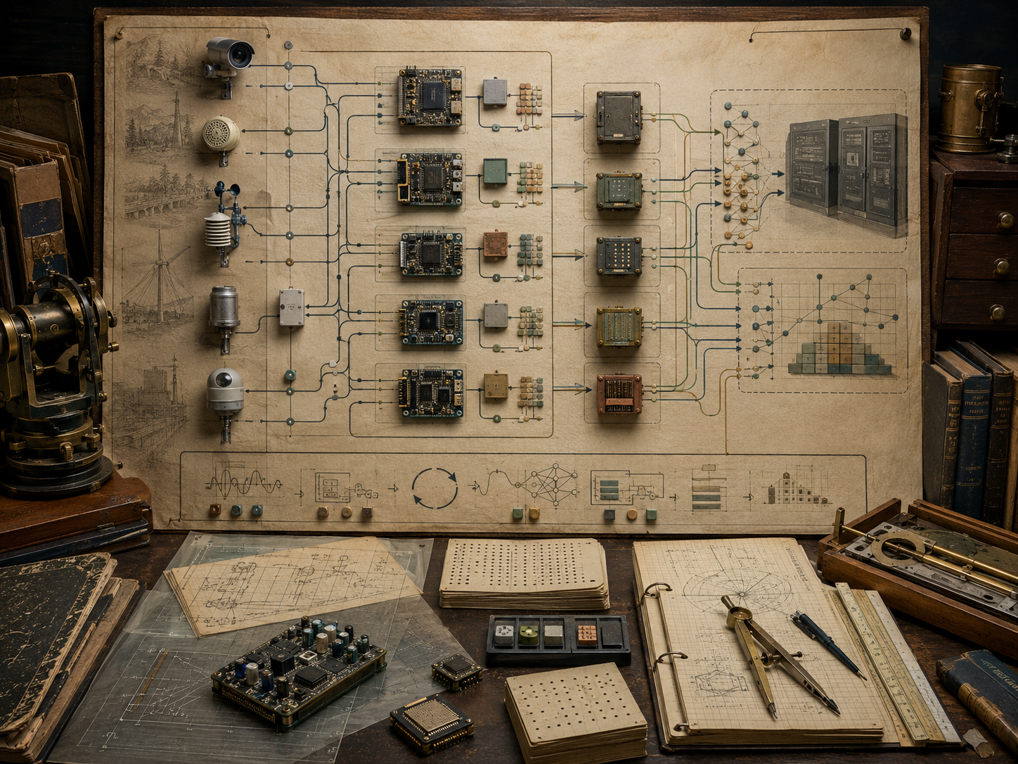 A restrained scholarly illustration of a vintage engineering workspace with embedded circuit boards, sensor-like devices, local processing modules, network pathways, notebooks, punched cards, and drafting tools representing edge computing and embedded algorithms.