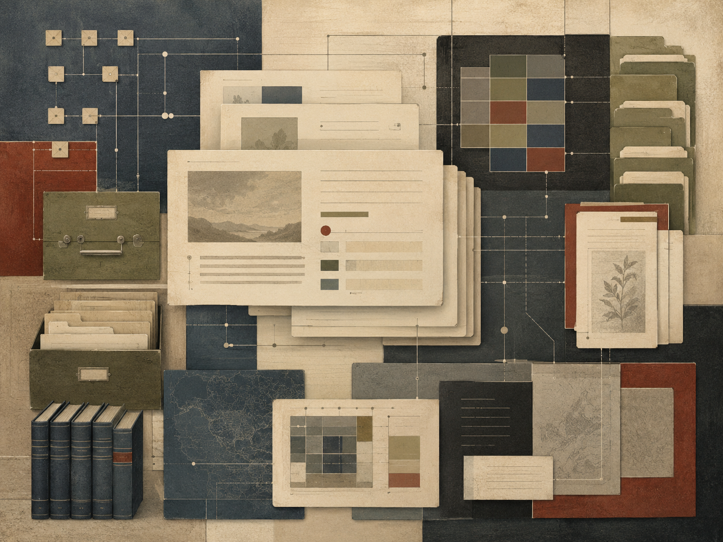 Abstract institutional illustration of layered editorial documents, archival folders, metadata cards, classification grids, books, and connected content system pathways.