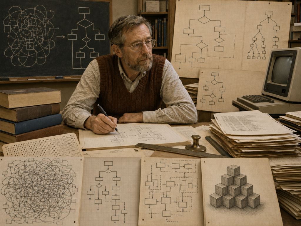 A restrained scholarly illustration of Edsger Dijkstra in an academic programming workspace with structured flowcharts, tangled control-flow diagrams, punched cards, books, papers, and an early computer terminal representing structured programming.