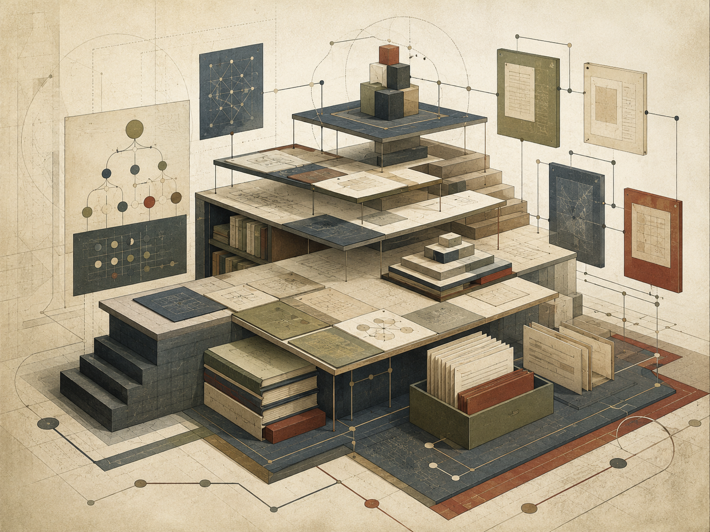 Abstract institutional illustration of layered platforms, learning steps, knowledge cards, books, modular blocks, and connected diagrams representing educational scaffolding and learning system design.