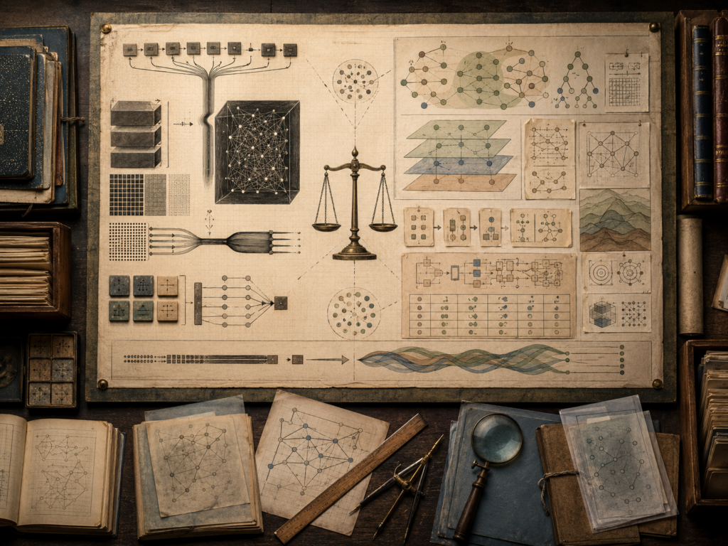 A restrained scholarly illustration of a vintage research workspace with a balance scale, dense computational structures, interpretive diagrams, layered systems, notebooks, archival papers, rulers, and drafting tools representing the tension between efficiency and understanding in computational systems.