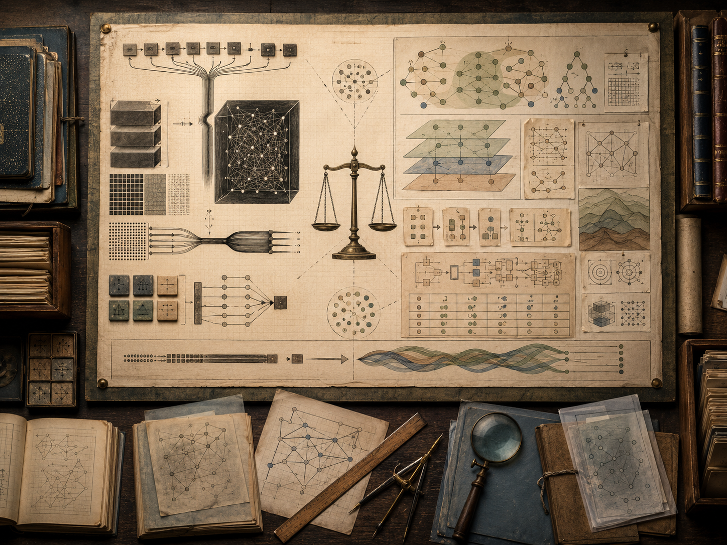 A restrained scholarly illustration of a vintage research workspace with a balance scale, dense computational structures, interpretive diagrams, layered systems, notebooks, archival papers, rulers, and drafting tools representing the tension between efficiency and understanding in computational systems.