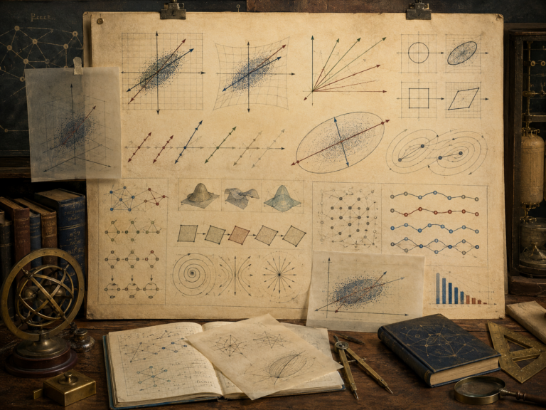 Vintage mathematical study with parchment diagrams of principal vector directions, transformed point clouds, ellipses, flow fields, networks, and system modes.
