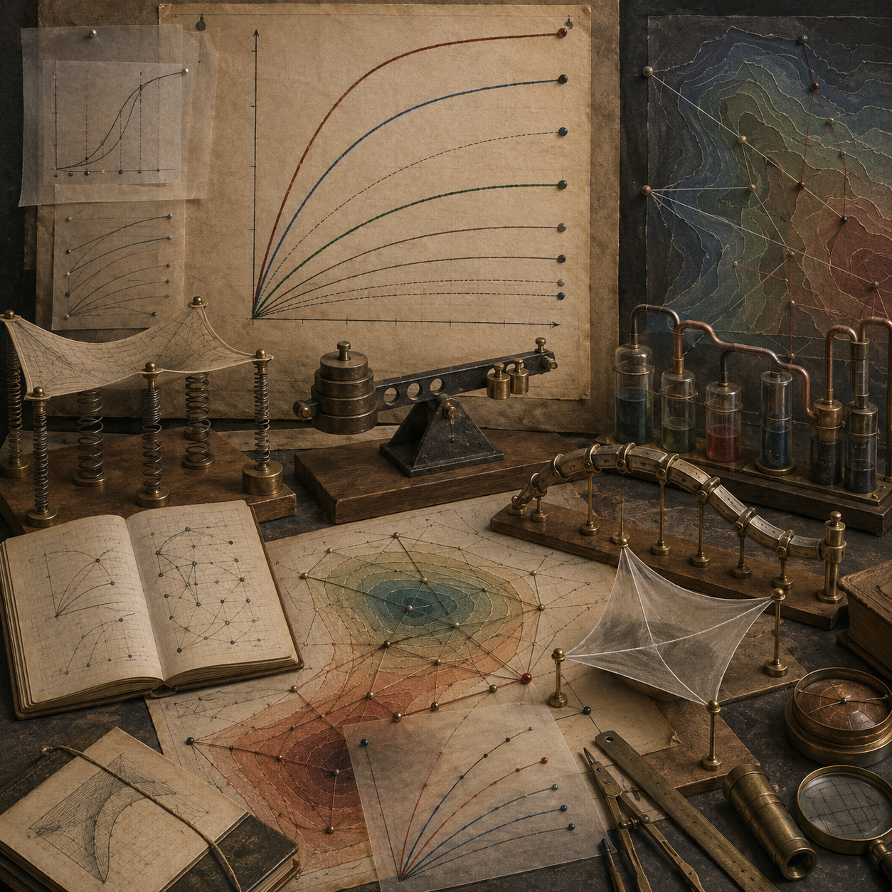 Vintage systems modeling workspace with response curves, flexible surface models, springs, weighted balances, contour maps, network diagrams, glass vessels, notebooks, and drafting tools representing elasticity, sensitivity, and marginal response.