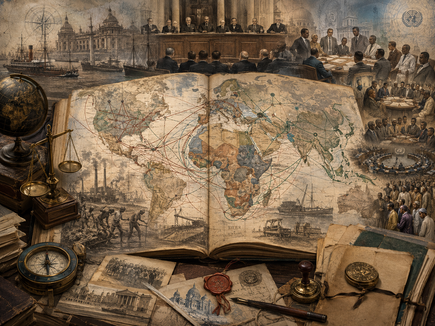 Scholarly illustration of an international law archive with a historical world atlas, imperial trade routes, colonial-era institutions, decolonization conferences, legal scales, maps, archival files, and diplomatic scenes, with no labels or readable text.