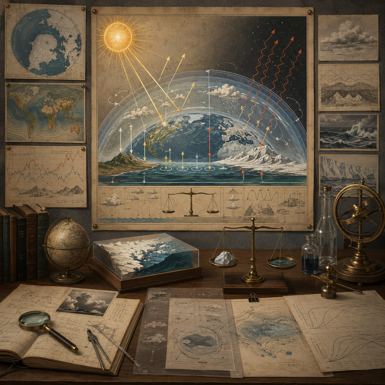 Archival climate modeling workspace with Earth system energy arrows, sunlight, outgoing radiation, oceans, ice, clouds, maps, balances, glass vessels, notebooks, and drafting tools representing energy balance models.