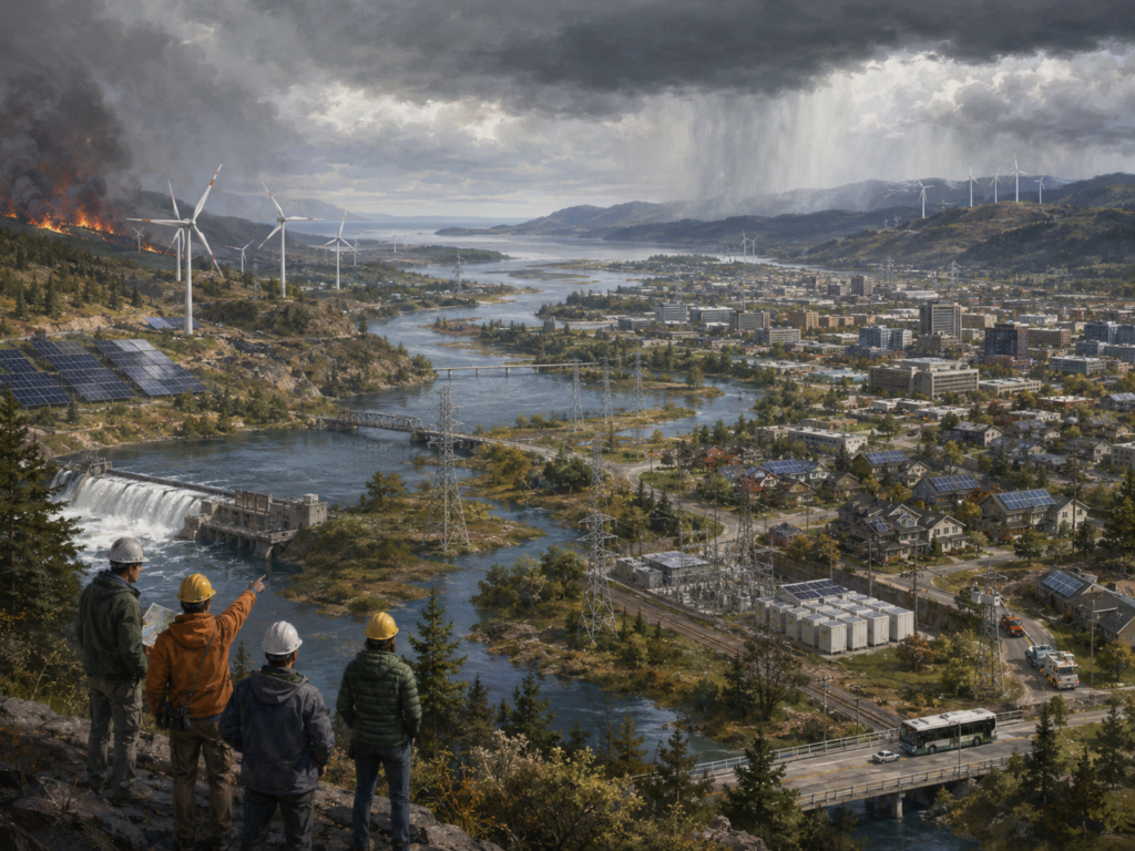 Panoramic illustration of a resilient energy system with wind turbines, solar arrays, hydropower, transmission lines, substations, battery storage, neighborhoods, storm clouds, wildfire, and engineers overlooking the grid.