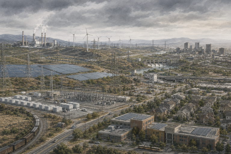A wide institutional landscape showing interconnected energy infrastructure, including transmission lines, substations, solar fields, wind turbines, battery storage, rail corridors, industrial plants, neighborhoods, public buildings, and a modest urban core under changing skies.