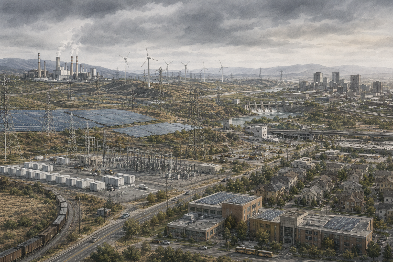 A wide institutional landscape showing interconnected energy infrastructure, including transmission lines, substations, solar fields, wind turbines, battery storage, rail corridors, industrial plants, neighborhoods, public buildings, and a modest urban core under changing skies.