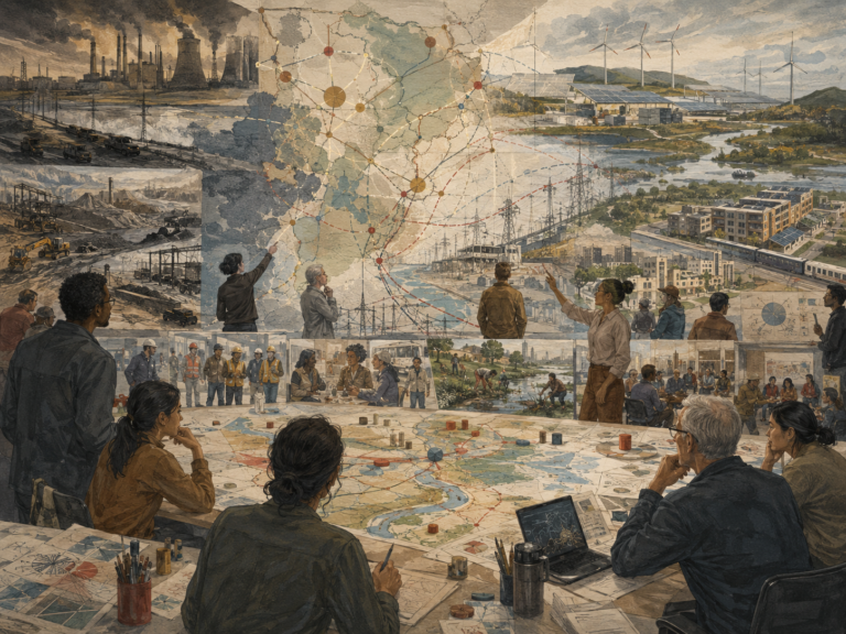 A planning group maps energy transition pathways across fossil fuel decline, renewable infrastructure, power grids, communities, labor, and ecological restoration.