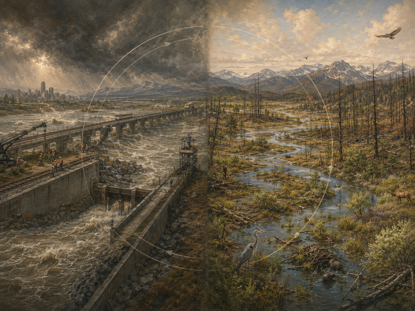 Editorial illustration comparing engineered flood infrastructure resisting storm pressure with a recovering wetland and forest ecosystem after disturbance.