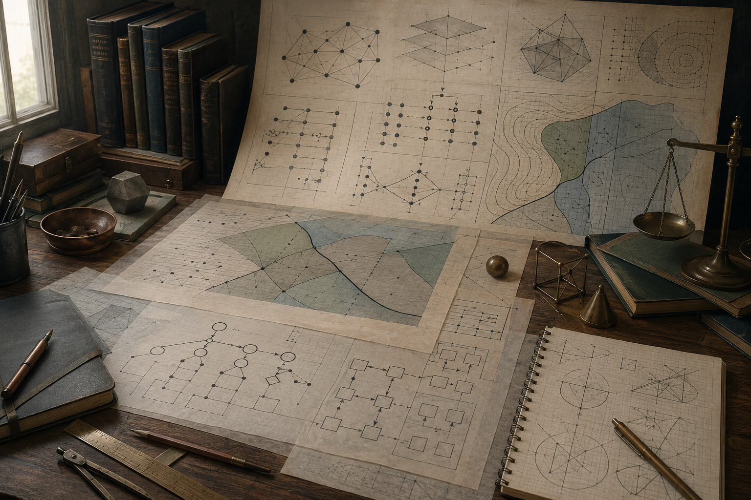 Editorial illustration of a scholarly modeling desk with layered diagrams, bounded regions, flowcharts, networks, scales, and geometric studies representing equations, inequalities, and model logic.