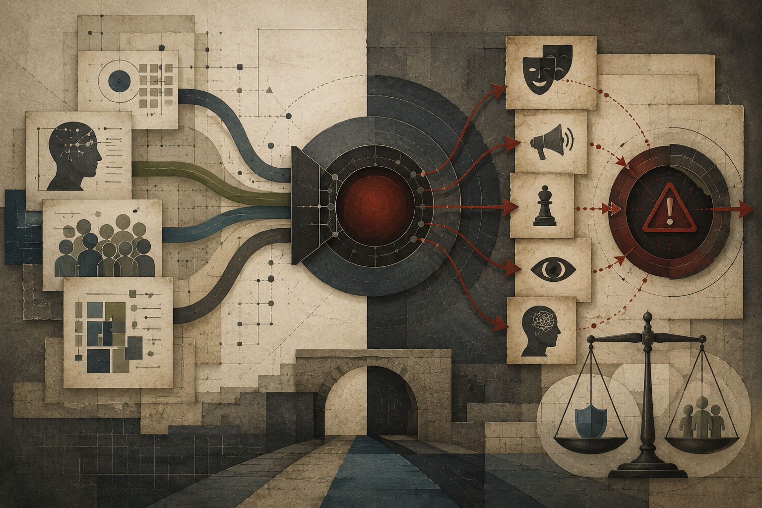 Restrained editorial illustration of ethical risk in persuasive frameworks, audience agency, pressure pathways, evidence layers, decision thresholds, governance review, and responsible communication architecture without text or labels.