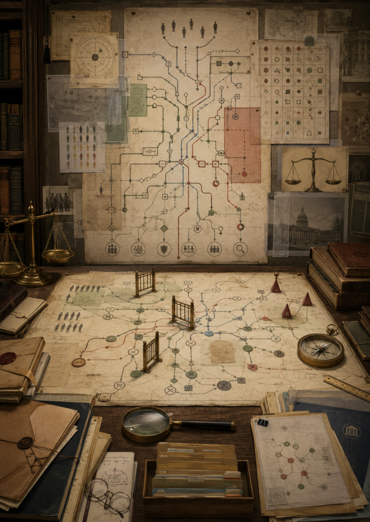 Editorial illustration of ethics of behavioral intervention as a scholarly governance workspace, with autonomy pathways, consent flows, behavioral intervention maps, equity grids, oversight structures, audit trails, review checkpoints, and public accountability materials.