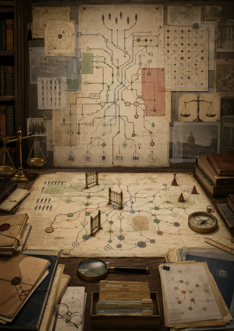 Editorial illustration of ethics of behavioral intervention as a scholarly governance workspace, with autonomy pathways, consent flows, behavioral intervention maps, equity grids, oversight structures, audit trails, review checkpoints, and public accountability materials.