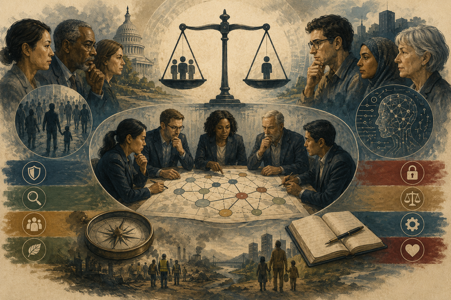 Painterly editorial illustration of ethics in decision science with deliberating decision-makers, justice scales, public institutions, affected communities, environmental risk, AI systems, and accountability symbols.