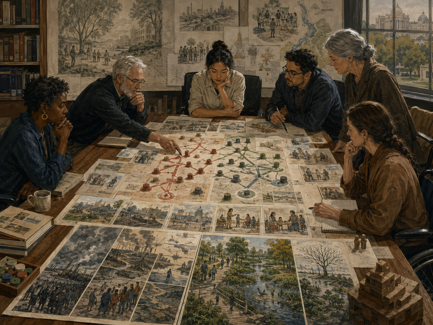 Researchers examine ethical pathways, community scenes, environmental impacts, risk markers, and strategic idea networks on a large institutional planning table.