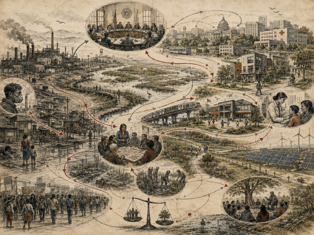 Scholarly systems-thinking illustration of environmental injustice, public institutions, community planning, healthcare, renewable infrastructure, restoration work, civic accountability, and feedback pathways.