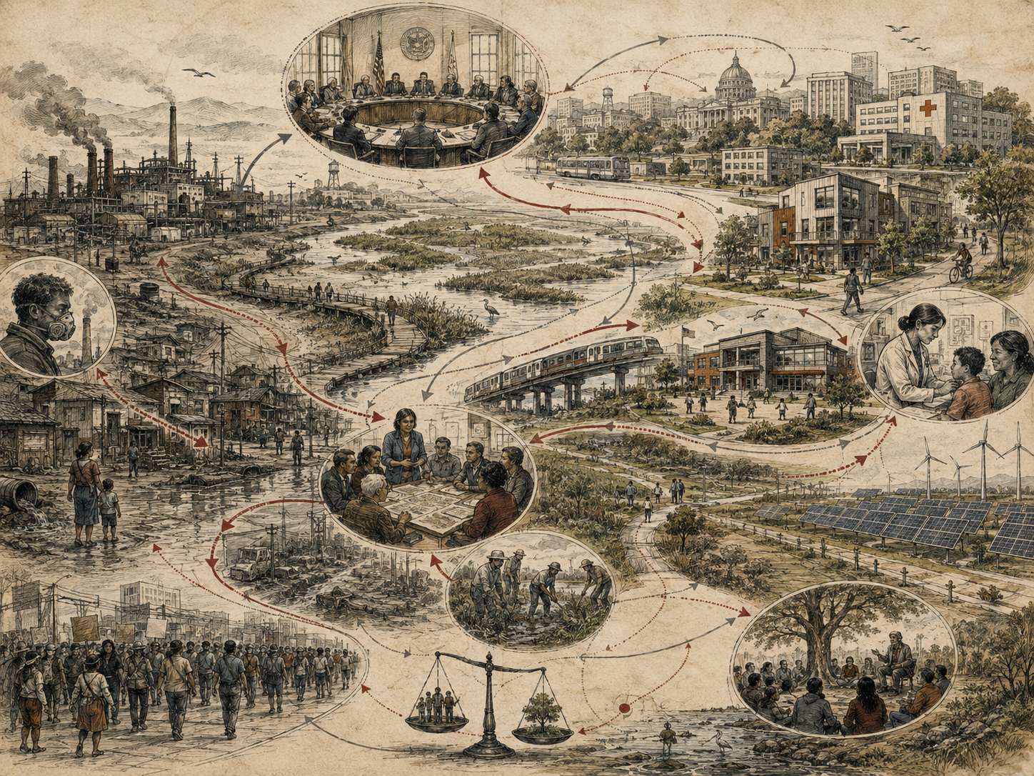Scholarly systems-thinking illustration of environmental injustice, public institutions, community planning, healthcare, renewable infrastructure, restoration work, civic accountability, and feedback pathways.