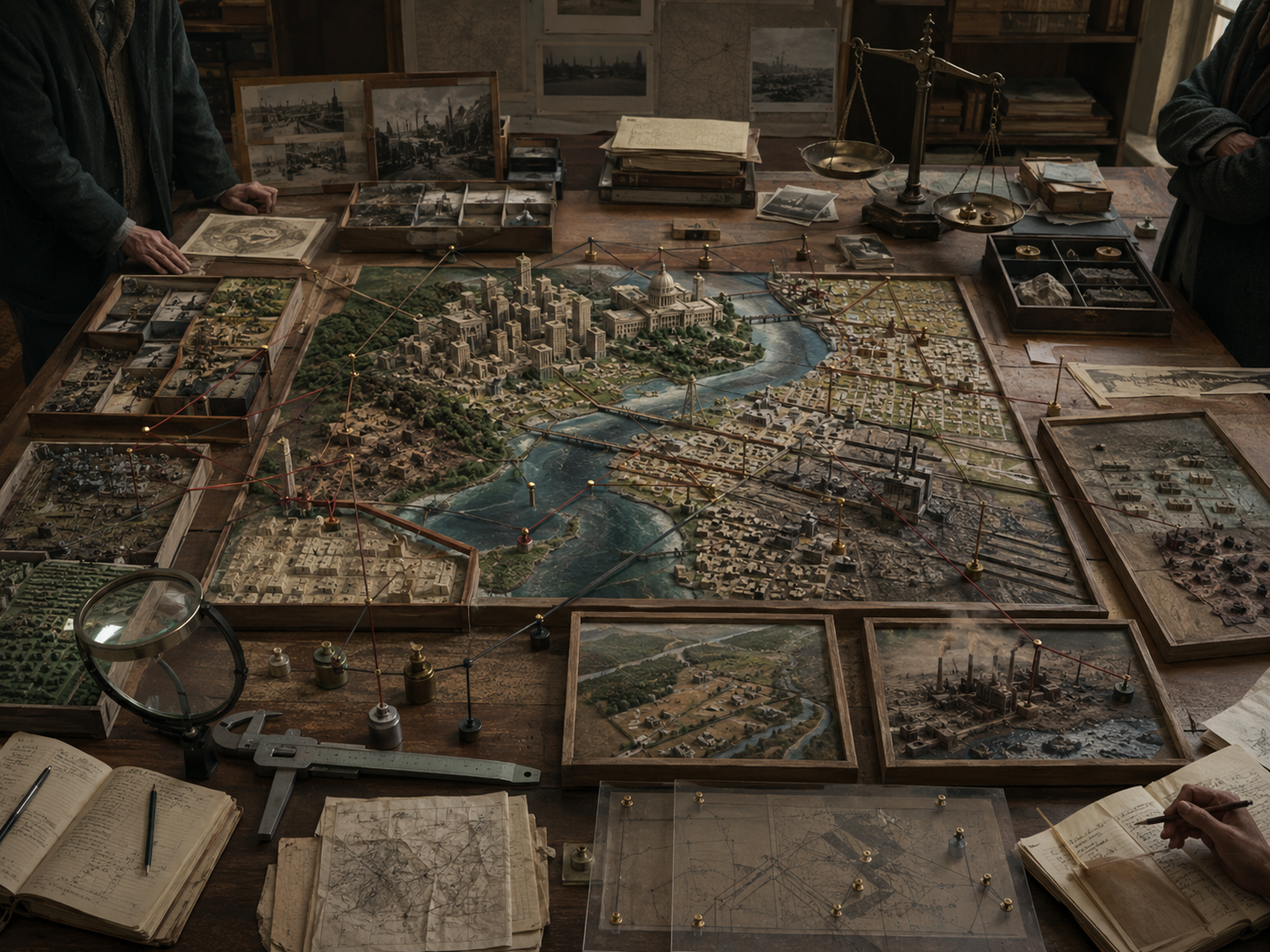 Comparative evidence table with a regional systems model, institutional buildings, unequal districts, extraction zones, boundary frames, scale, pins, threads, notebooks, and archival research materials.
