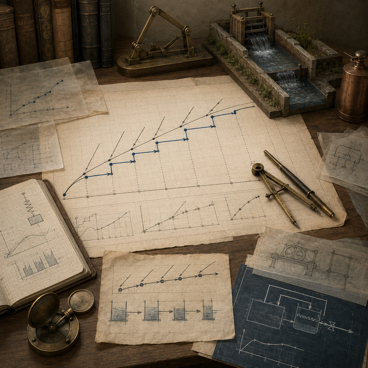 Vintage mathematical modeling desk with stepwise tangent approximations, curve sketches, flow diagrams, water channels, notebooks, transparent overlays, and drafting tools representing Euler’s Method.