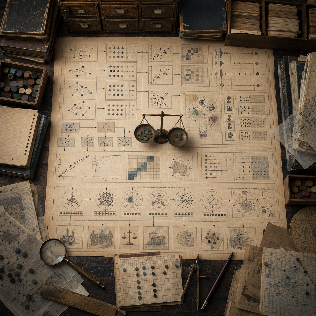 A restrained scholarly illustration of a vintage research desk with benchmark panels, evaluation grids, comparison charts, balance scale, uncertainty plots, network diagrams, archival papers, rulers, and symbolic tokens representing AI measurement and its limits.