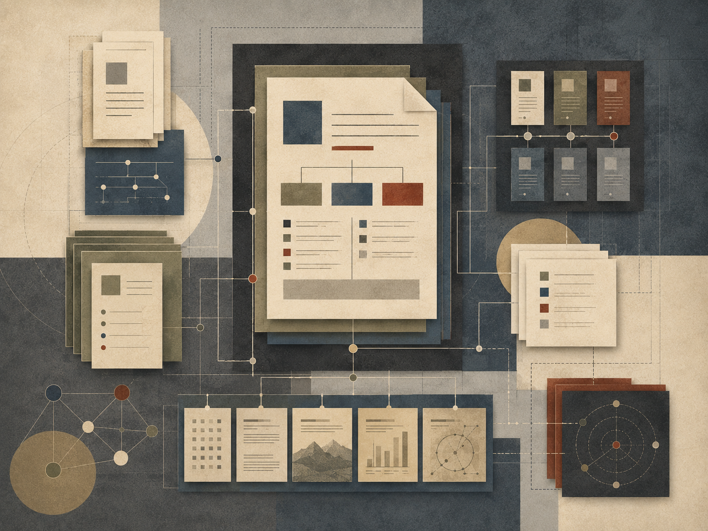 Abstract institutional illustration of layered explanatory documents, evidence cards, charts, diagrams, and connecting lines representing evidence architecture in content systems.