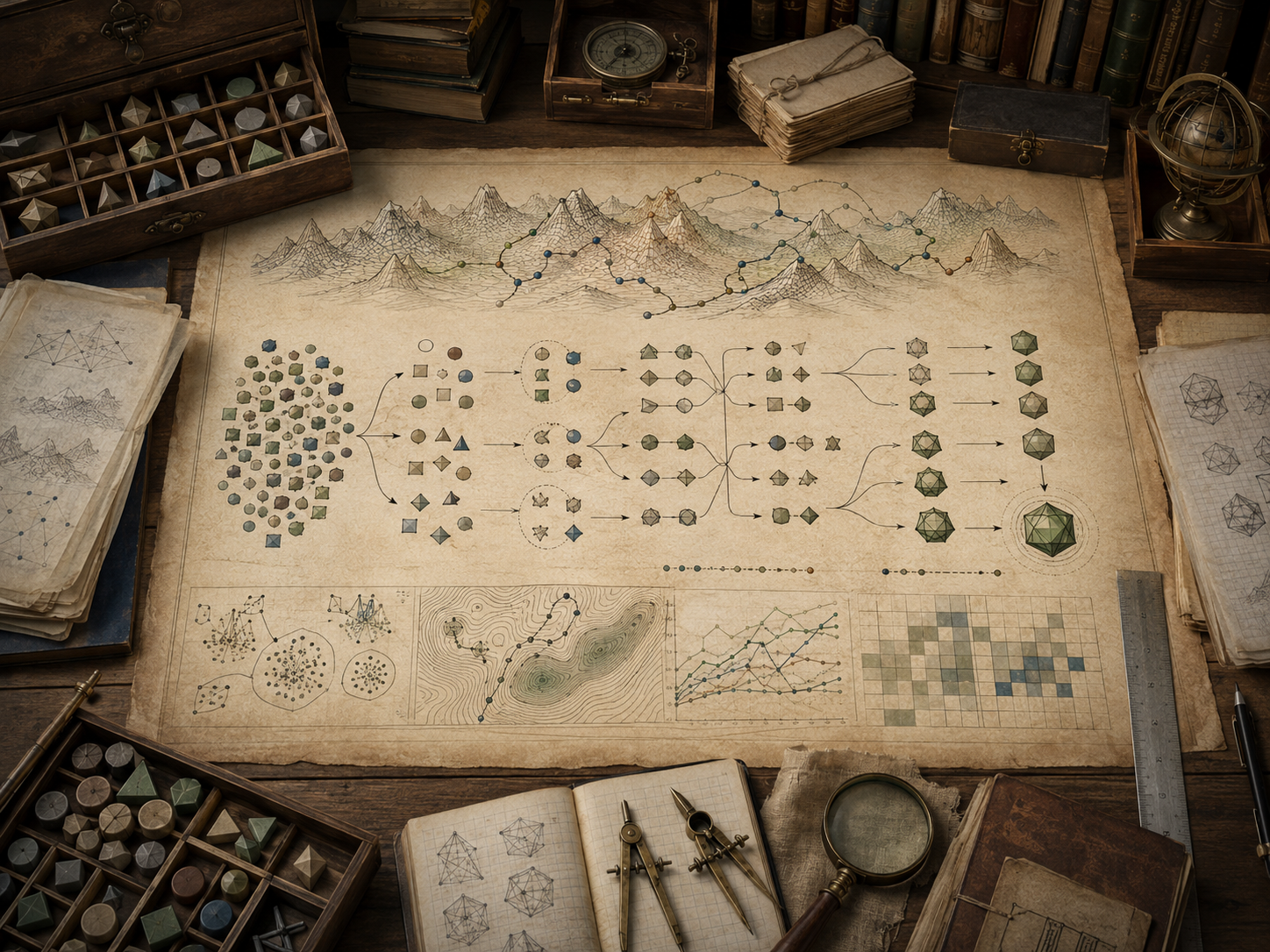 A restrained scholarly illustration of a vintage research desk with solution landscapes, branching populations, candidate forms, adaptive pathways, geometric tokens, notebooks, rulers, and archival papers representing evolutionary algorithms and adaptive search.