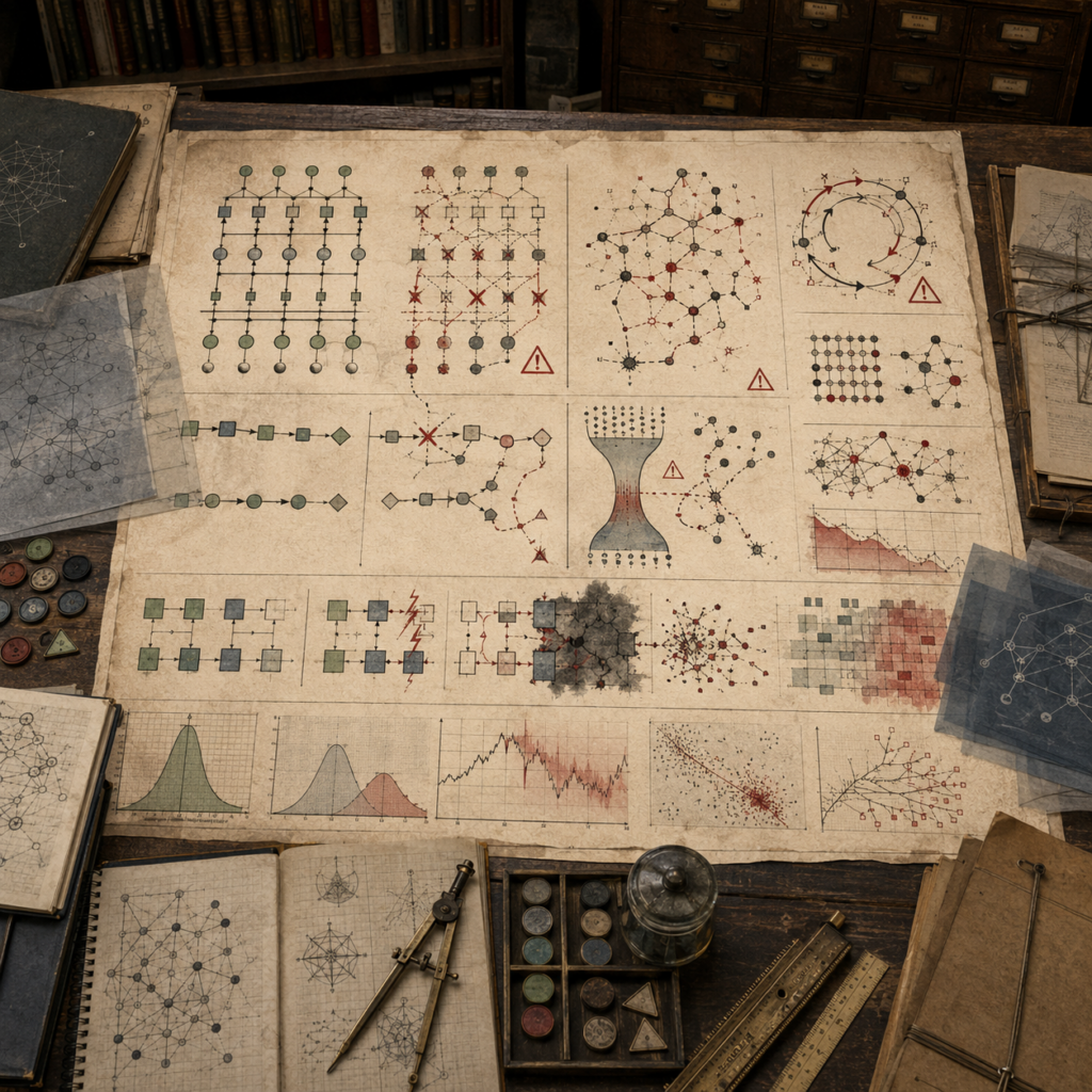 A restrained scholarly illustration of a vintage engineering desk with broken process flows, failed nodes, warning markers, unstable networks, error traces, decaying charts, notebooks, rulers, and archival tools representing failure modes in algorithmic systems.