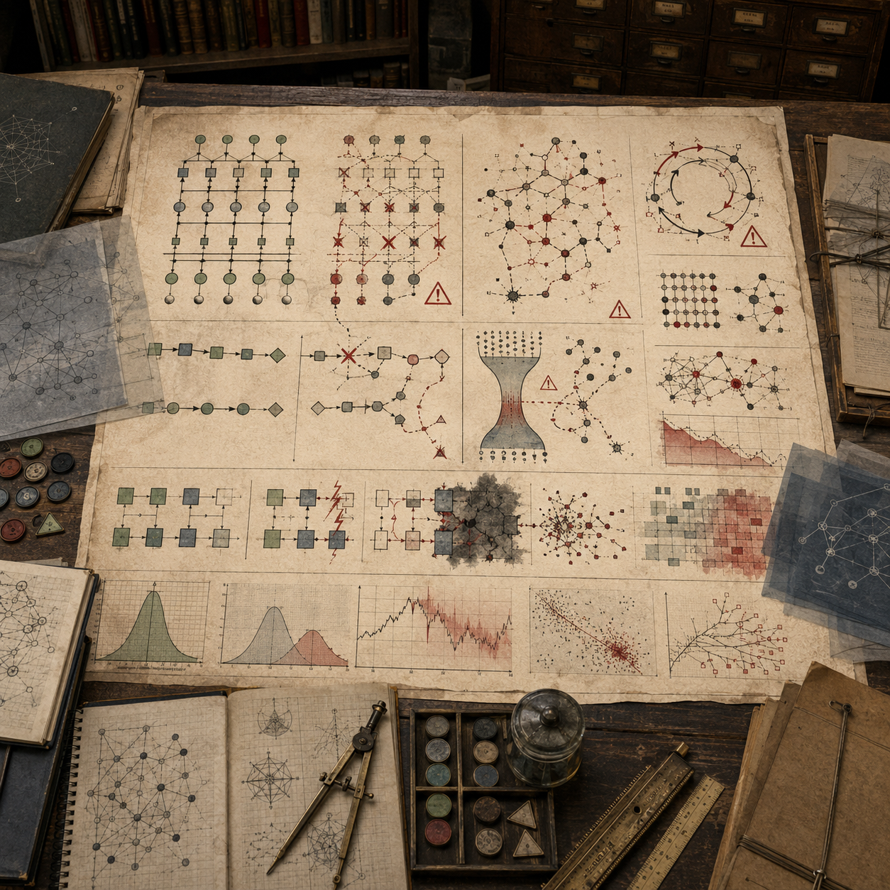 A restrained scholarly illustration of a vintage engineering desk with broken process flows, failed nodes, warning markers, unstable networks, error traces, decaying charts, notebooks, rulers, and archival tools representing failure modes in algorithmic systems.