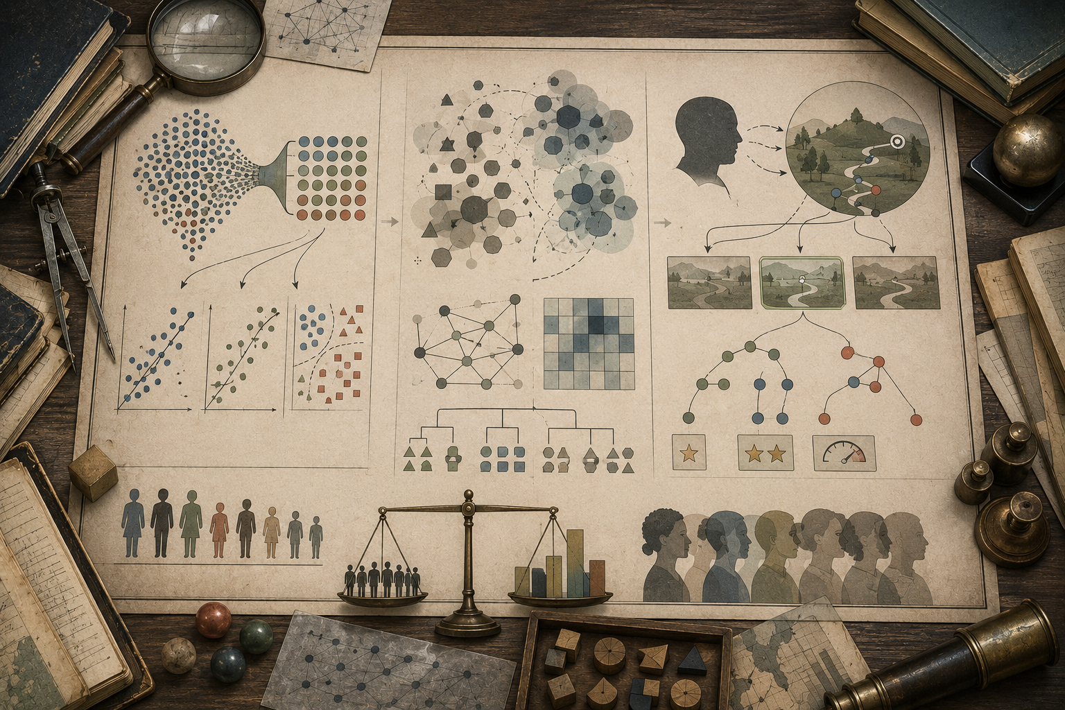 A restrained scholarly illustration of a vintage research desk with abstract feature grids, label-like groupings, measurement diagrams, decision paths, balance scale, diverse silhouettes, notebooks, rulers, and archival tools representing features, labels, and measurement politics without readable text.