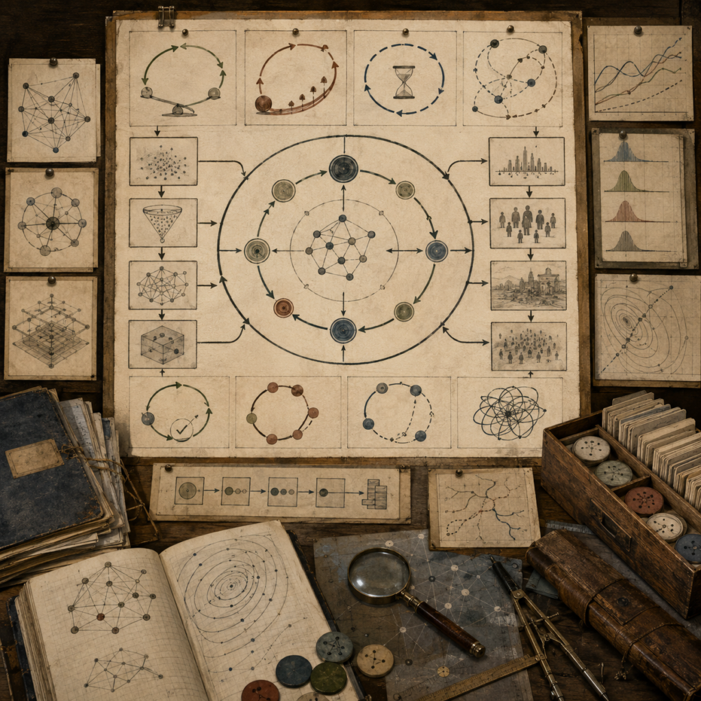 A restrained scholarly illustration of a vintage research workspace with circular feedback diagrams, network structures, outcome panels, recursive arrows, system loops, notebooks, archival papers, and analytical tools representing feedback loops in algorithmic systems.
