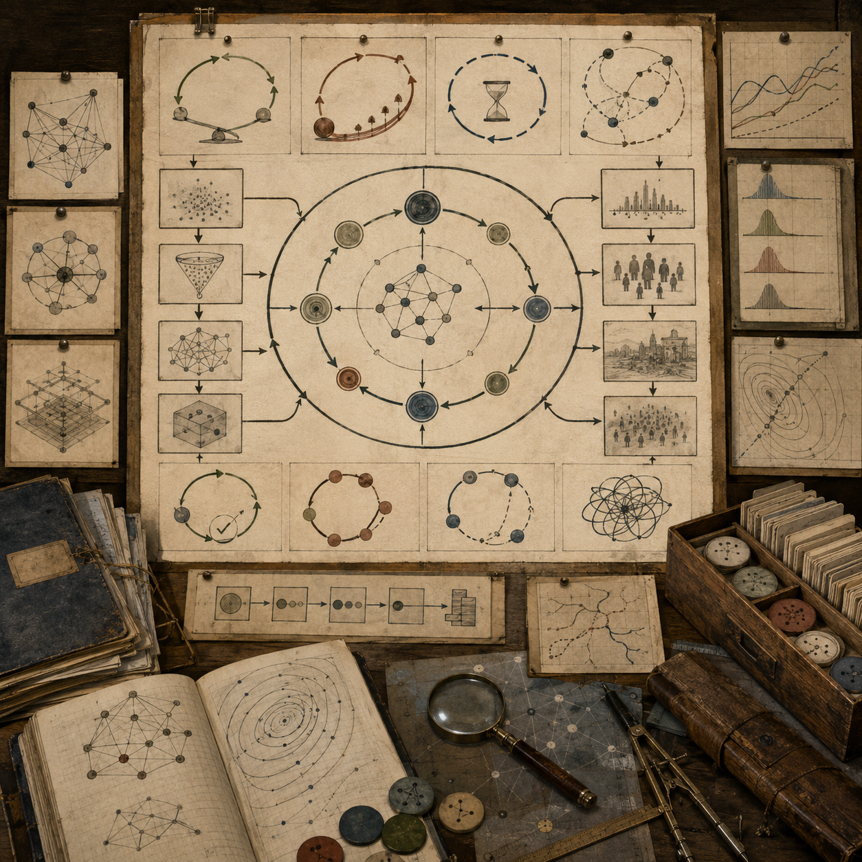 A restrained scholarly illustration of a vintage research workspace with circular feedback diagrams, network structures, outcome panels, recursive arrows, system loops, notebooks, archival papers, and analytical tools representing feedback loops in algorithmic systems.