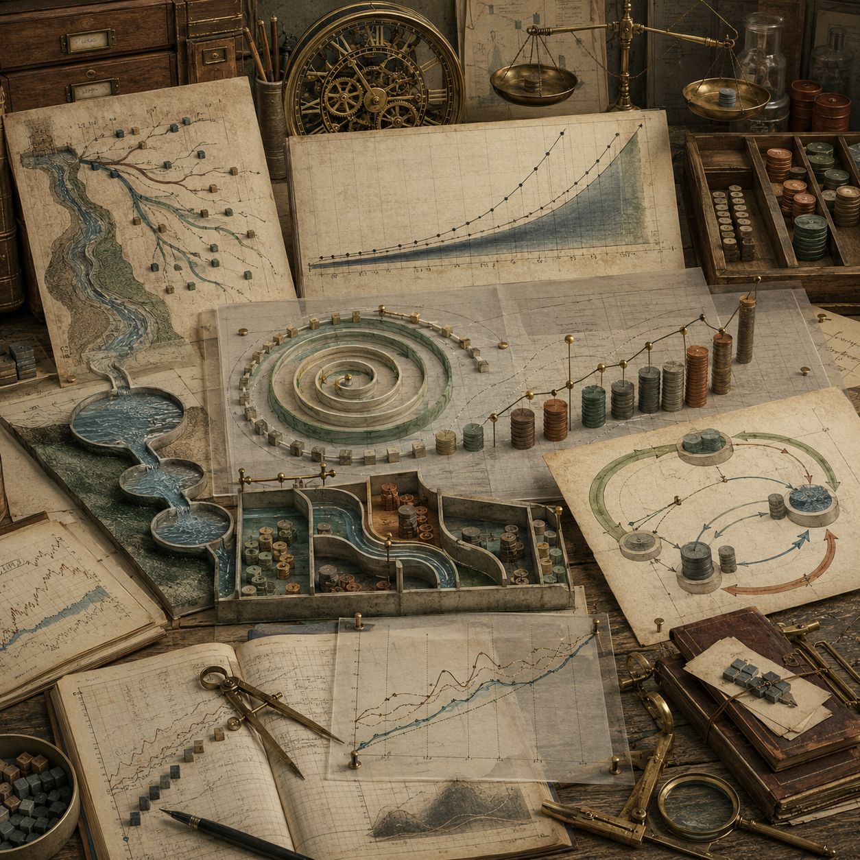 Archival financial modeling workspace with compounding curves, coin stacks, circular flow models, ledgers, balances, clocks, water channels, notebooks, and drafting tools representing financial dynamics and continuous compounding.