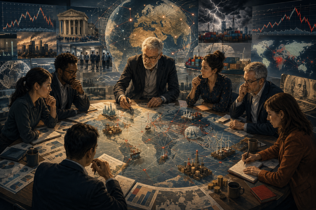 Financial analysts examine systemic risk across global markets, supply chains, infrastructure, banks, trade routes, and economic networks.