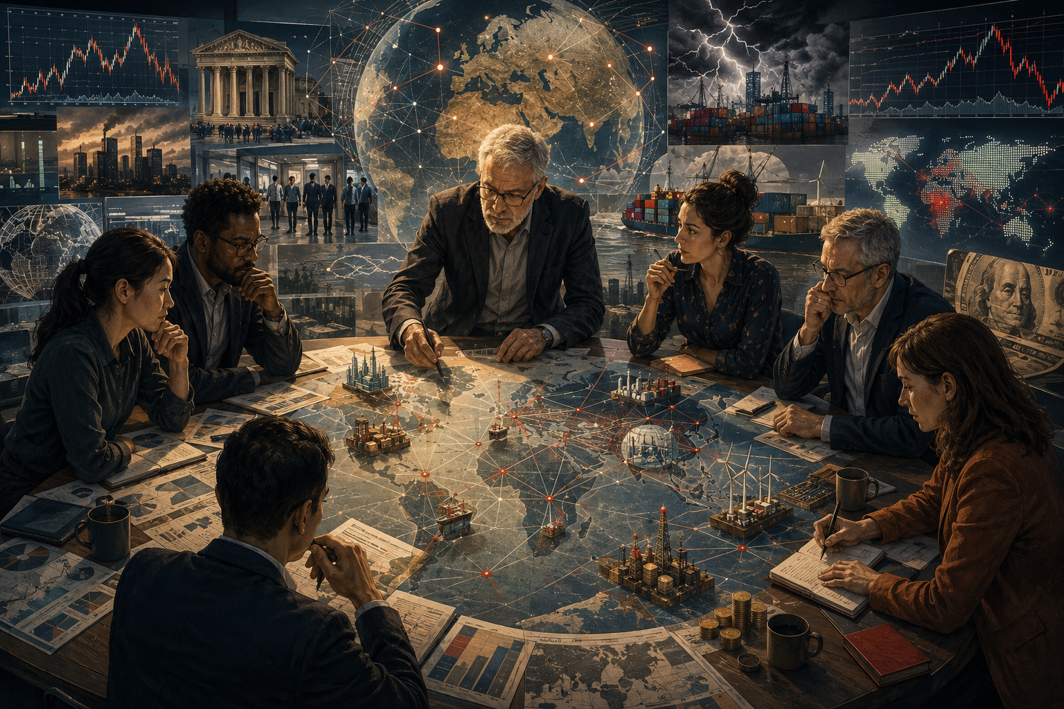 Financial analysts examine systemic risk across global markets, supply chains, infrastructure, banks, trade routes, and economic networks.