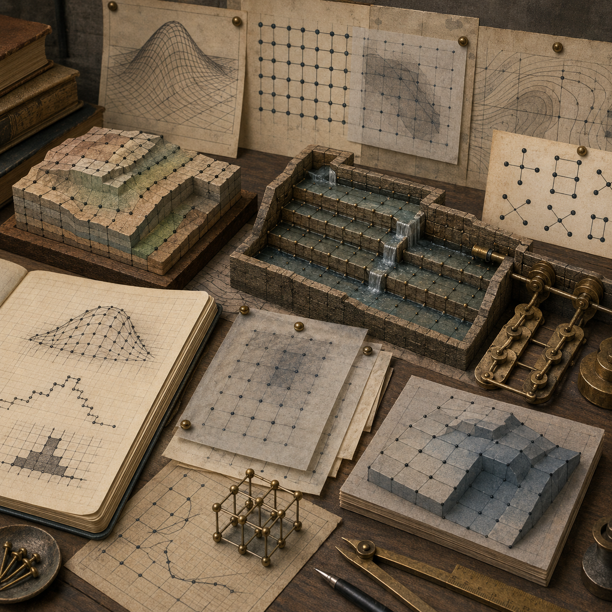 Vintage mathematical drafting desk with gridded surface models, discrete mesh diagrams, stepped water channels, lattice structures, notebooks, and brass tools representing finite difference methods without labels or text.